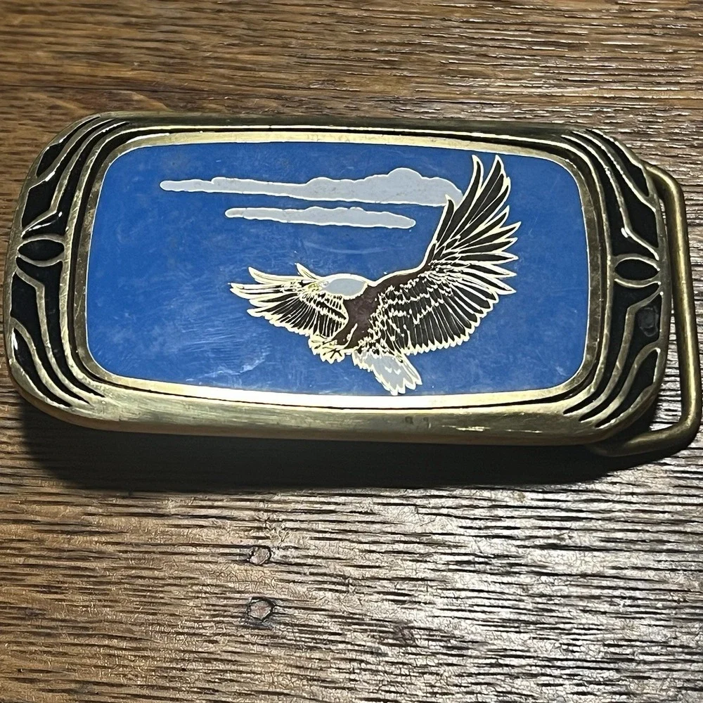 Vintage 1983 NAP Inc Solid Brass Eagle Belt Buckle F08 Blue Enamel USA Made